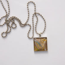 Load image into Gallery viewer, Square Pendant Necklace in Yellow, Pink, Green &amp; Brown Fluid Art Necklace, Ball Chain Necklace, Jewelry
