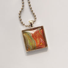 Load image into Gallery viewer, Square Pendant Necklace in Yellow, Green &amp; Red Fluid Art Necklace, Ball Chain Necklace, Jewelry
