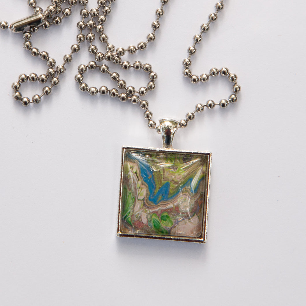 Square Pendant Necklace in Green & Blue Fluid Art Necklace, Ball Chain Necklace, Jewelry