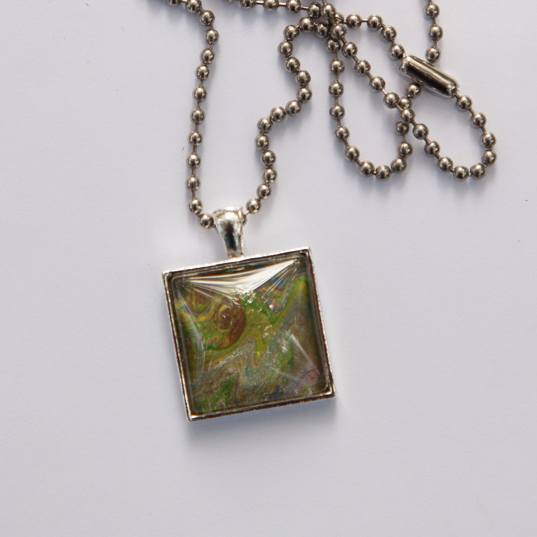 Square Pendant Necklace in Silver, Brown & Green Fluid Art Necklace, Ball Chain Necklace, Jewelry