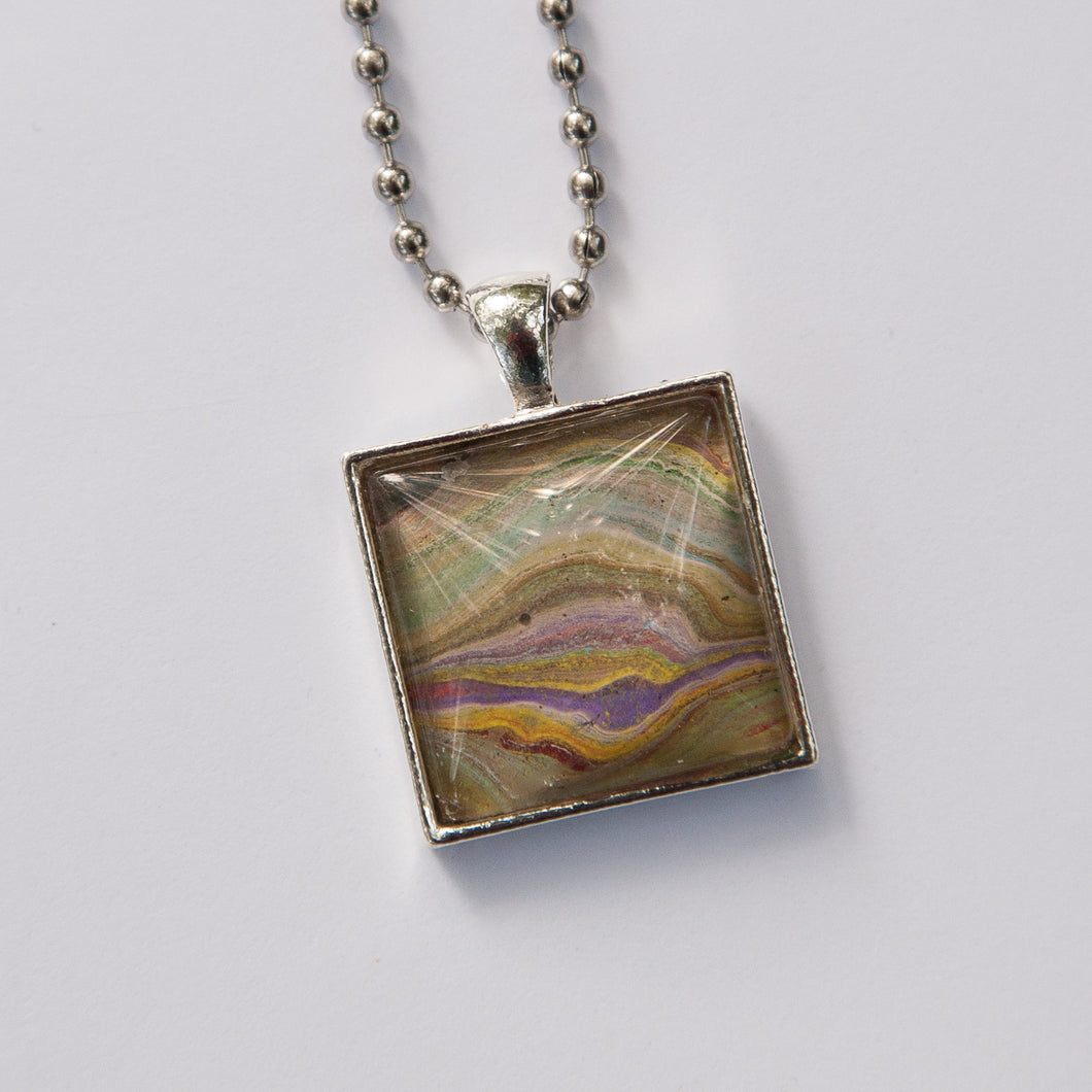 Square Pendant Necklace in Purple, Violet & Yellow Fluid Art Necklace, Ball Chain Necklace, Jewelry