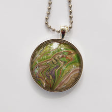 Load image into Gallery viewer, Pendant Necklace in Red, Purple, Greens &amp; Brown Pour Paint Necklace, Ball Chain Necklace, Jewelry
