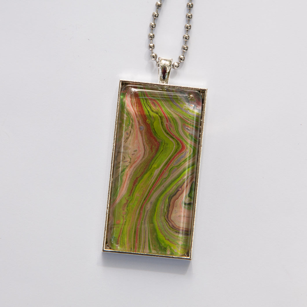 Pendant Necklace in Green, Peach & Red Fluid Art Necklace, Ball Chain Necklace, Jewelry