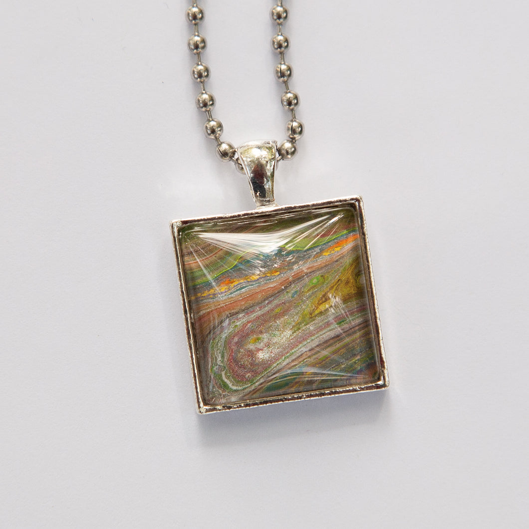 Square Pendant Necklace, Fluid Art Necklace, Ball Chain Necklace, Jewelry