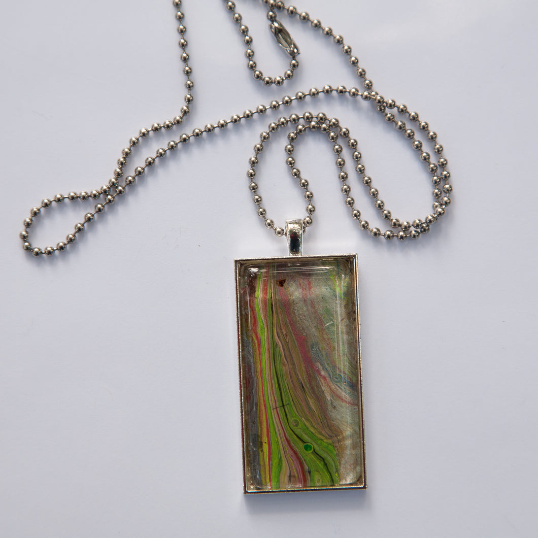 Pendant Necklace in Green, Black & Rose Fluid Art Necklace, Ball Chain Necklace, Jewelry