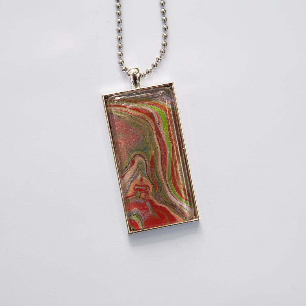 Pendant Necklace in Green & Red Fluid Art Necklace, Ball Chain Necklace, Jewelry