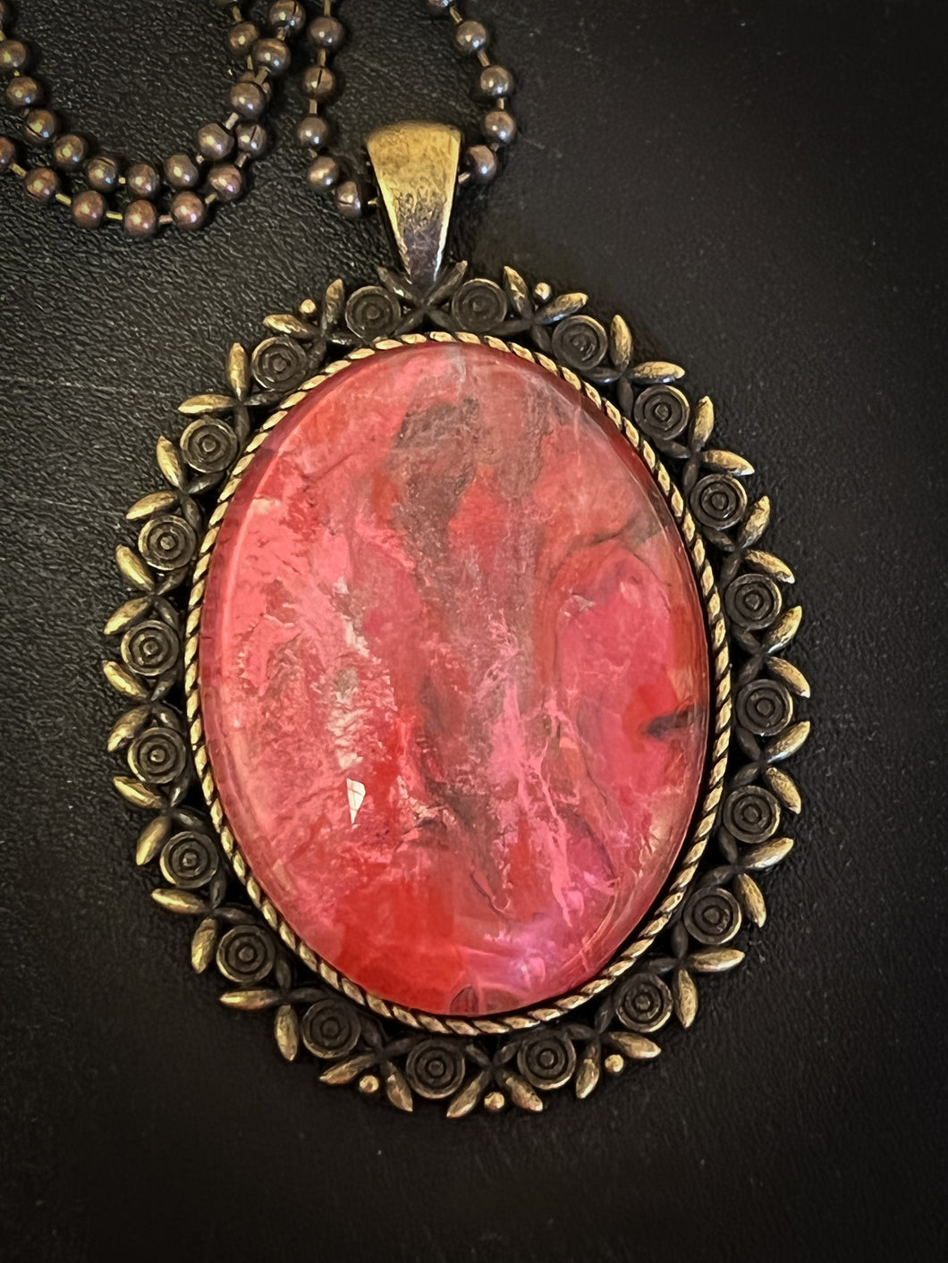 Pendant ball chain necklace in red and pink with antique brass finish