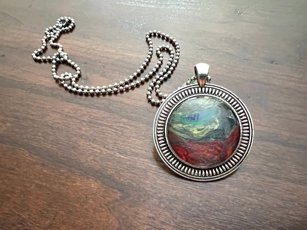Pendant ball chain necklace in yellow, green, black, blue and red with antique silver finish