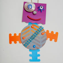 Load image into Gallery viewer, Skittles / Adjustable Robot Monster Ornament / Mixed Media Paper Arts / Paper Doll  Creatures/ Paper Puppet
