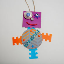 Load image into Gallery viewer, Skittles / Adjustable Robot Monster Ornament / Mixed Media Paper Arts / Paper Doll  Creatures/ Paper Puppet
