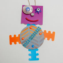 Load image into Gallery viewer, Skittles / Adjustable Robot Monster Ornament / Mixed Media Paper Arts / Paper Doll  Creatures/ Paper Puppet
