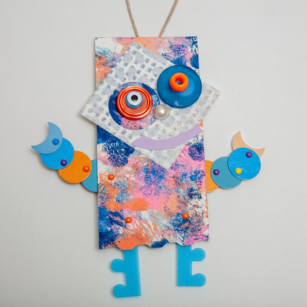 Ollie /  Adjustable Robot Monster Ornament / Mixed Media Paper Arts / Paper Doll  Creatures/ Paper Puppet