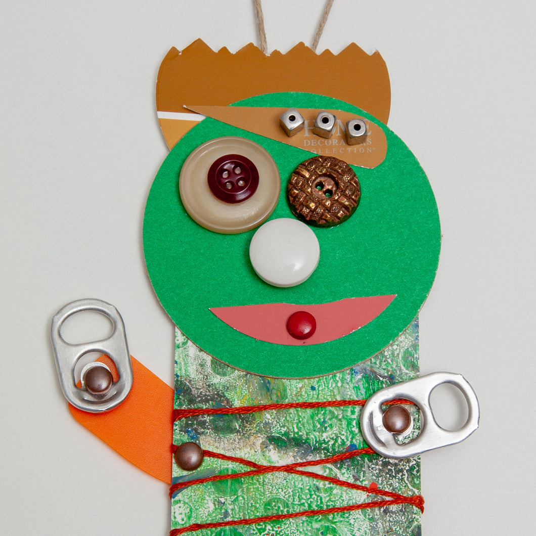 Barney / Adjustable Robot Monster Ornament / Mixed Media Paper Arts / Paper Doll  Creatures/ Paper Puppet