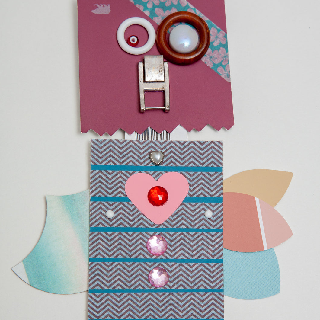 Birdsong / Adjustable Robot Monster Ornament / Mixed Media Paper Arts / Paper Doll  Creatures/ Paper Puppet