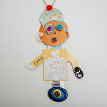 Load image into Gallery viewer, Orla /  Adjustable Robot Monster Ornament / Mixed Media Paper Arts / Paper Doll  Creatures/ Paper Puppet
