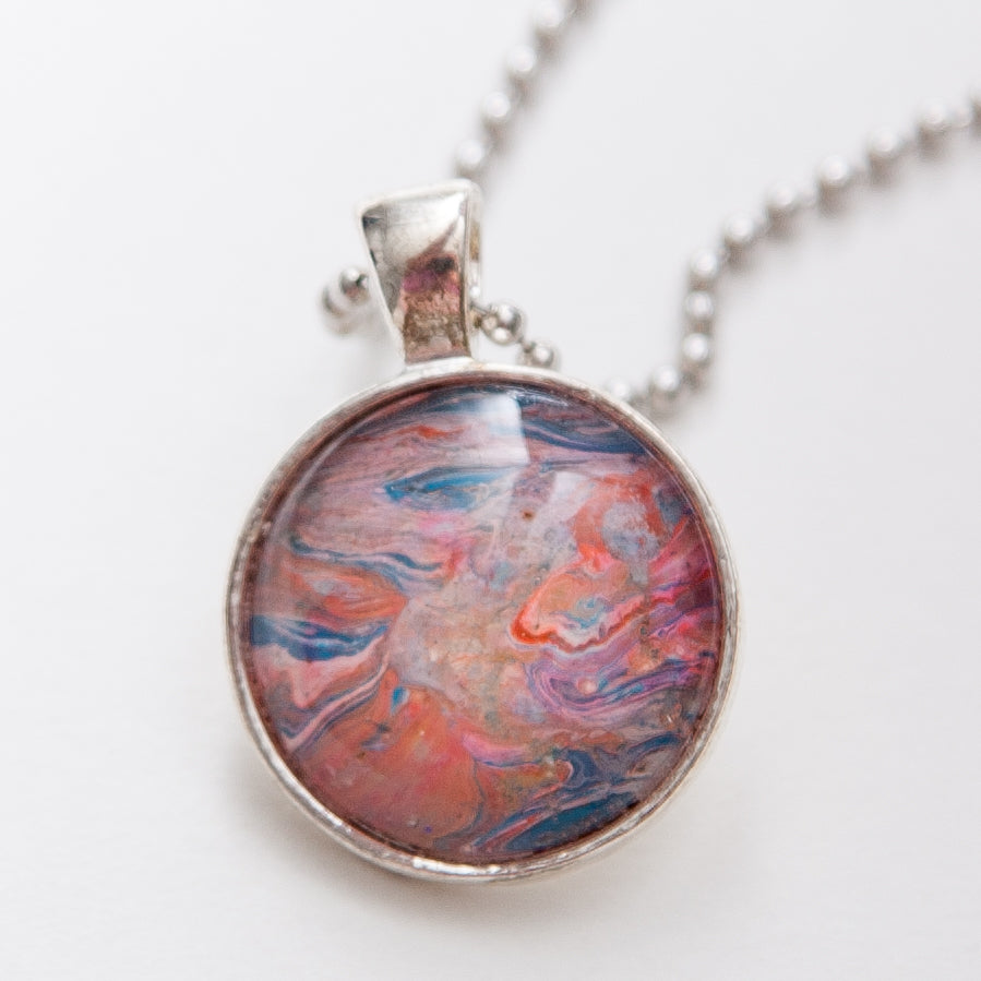 Pendant Necklace in Orange, Cream, Blue & Pink, Fluid Art Necklace, Ball Chain Necklace, Jewelry