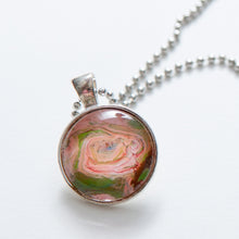 Load image into Gallery viewer, Pendant Necklace in Pink, Green &amp; Brown, Fluid Art Necklace, Ball Chain Necklace, Jewelry
