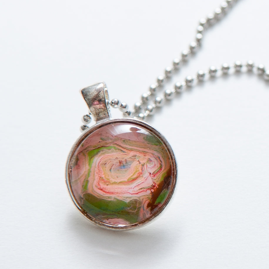 Pendant Necklace in Pink, Green & Brown, Fluid Art Necklace, Ball Chain Necklace, Jewelry