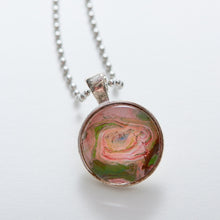 Load image into Gallery viewer, Pendant Necklace in Pink, Green &amp; Brown, Fluid Art Necklace, Ball Chain Necklace, Jewelry
