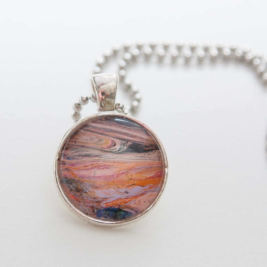 Pendant Necklace in Blue, Pink, Orange & Lavender, Fluid Art Necklace, Ball Chain Necklace, Jewelry