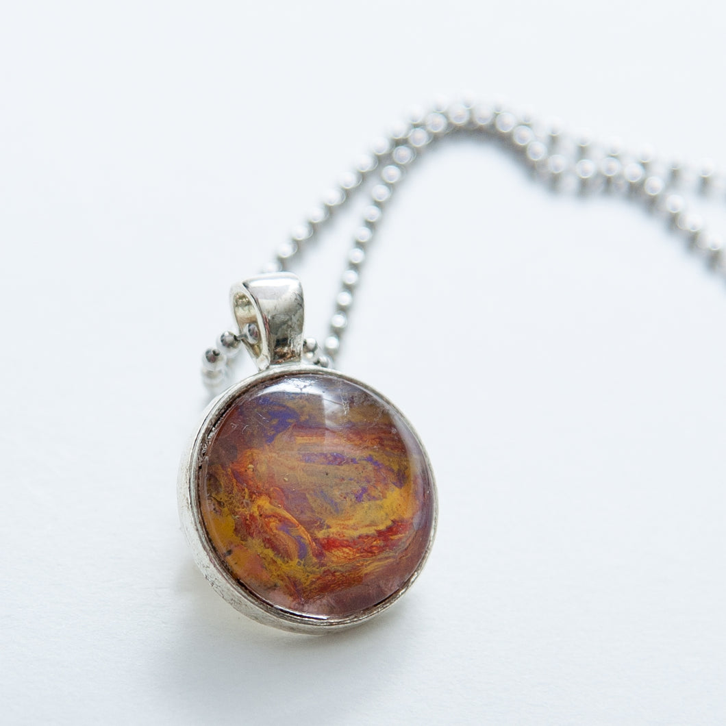 Pendant Necklace in Gold, Red, Purple & Yellow, Fluid Art Necklace, Ball Chain Necklace, Jewelry