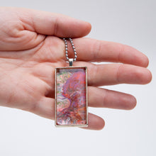 Load image into Gallery viewer, Pendant Necklace in Brown, Red, Purple &amp; Cream, Fluid Art Necklace, Ball Chain Necklace, Jewelry
