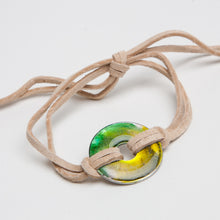 Load image into Gallery viewer, Alcohol Ink Tan Suede Bracelet in Yellow &amp; Green
