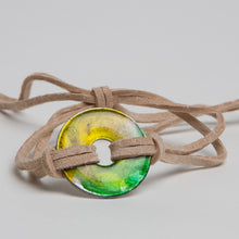 Load image into Gallery viewer, Alcohol Ink Tan Suede Bracelet in Yellow &amp; Green
