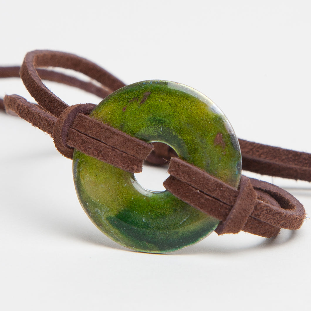 Alcohol Ink Brown Suede Bracelet in Yellow & Green