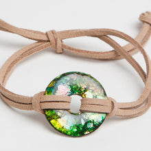 Load image into Gallery viewer, Alcohol Ink Tan Suede Bracelet in Shades of Green &amp; Yellow
