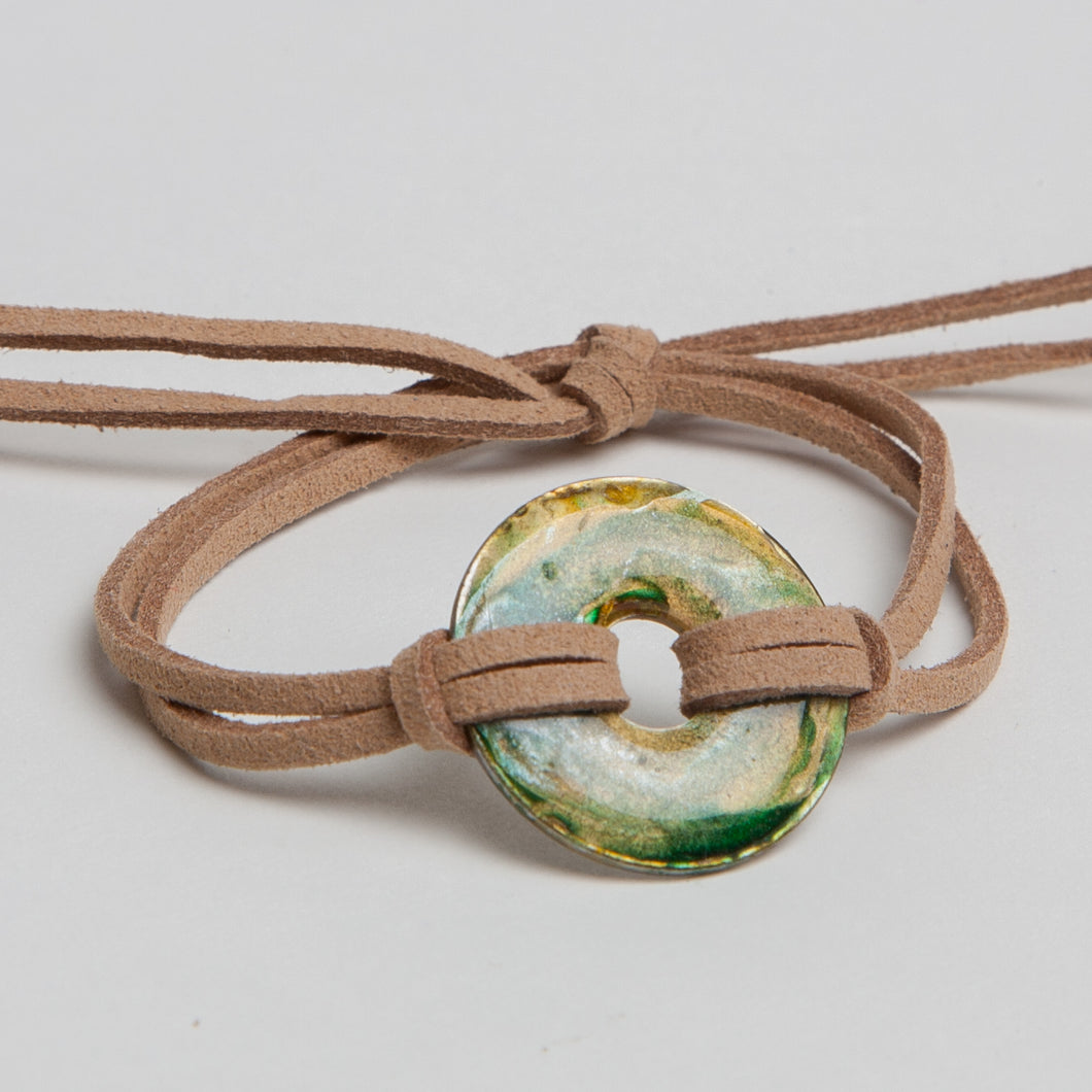 Alcohol Ink Tan Suede Bracelet in Gold, Green & Silver
