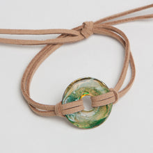 Load image into Gallery viewer, Alcohol Ink Tan Suede Bracelet in Gold, Green &amp; Silver
