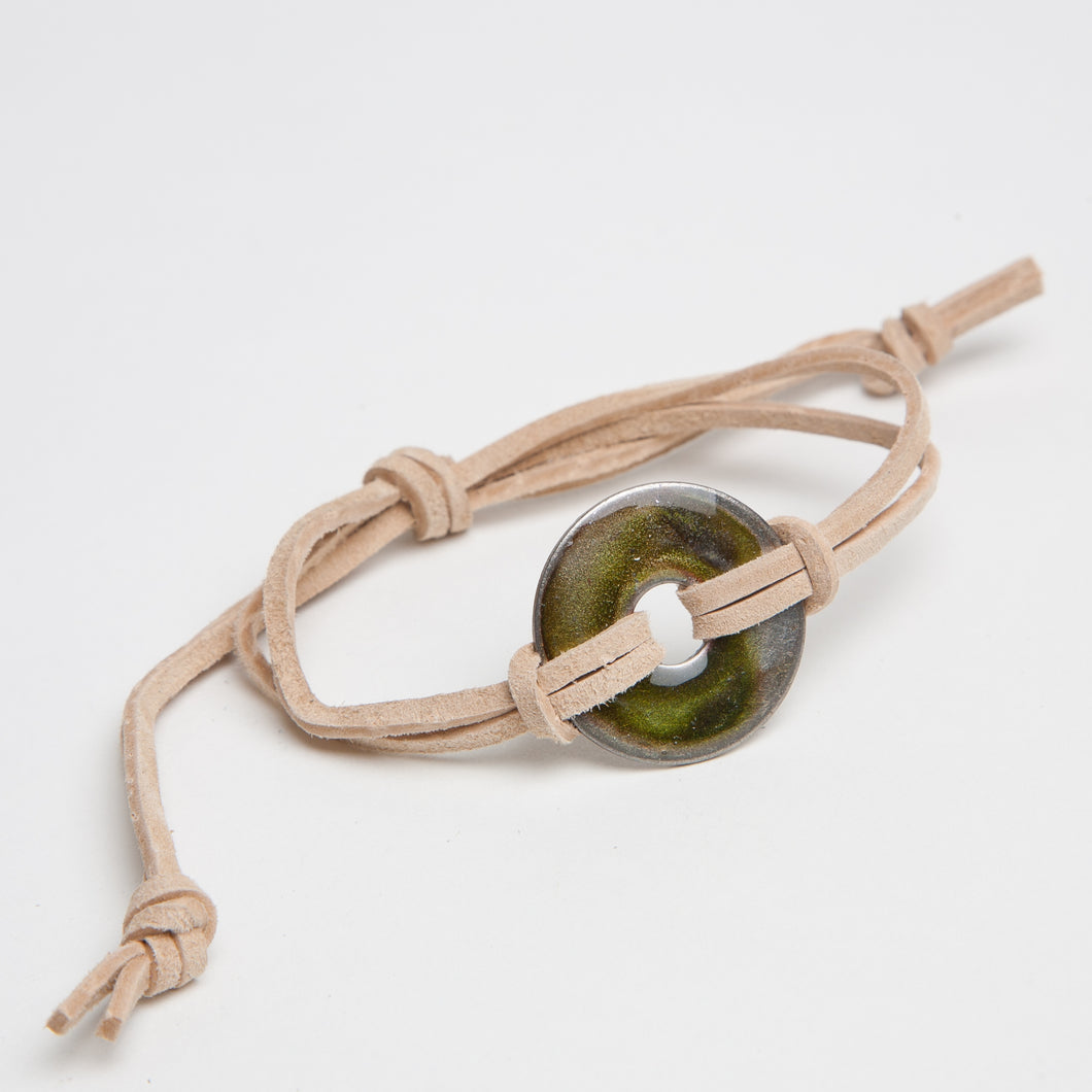 Alcohol Ink Tan Suede Bracelet in Silver, Brown, Green & Yellow
