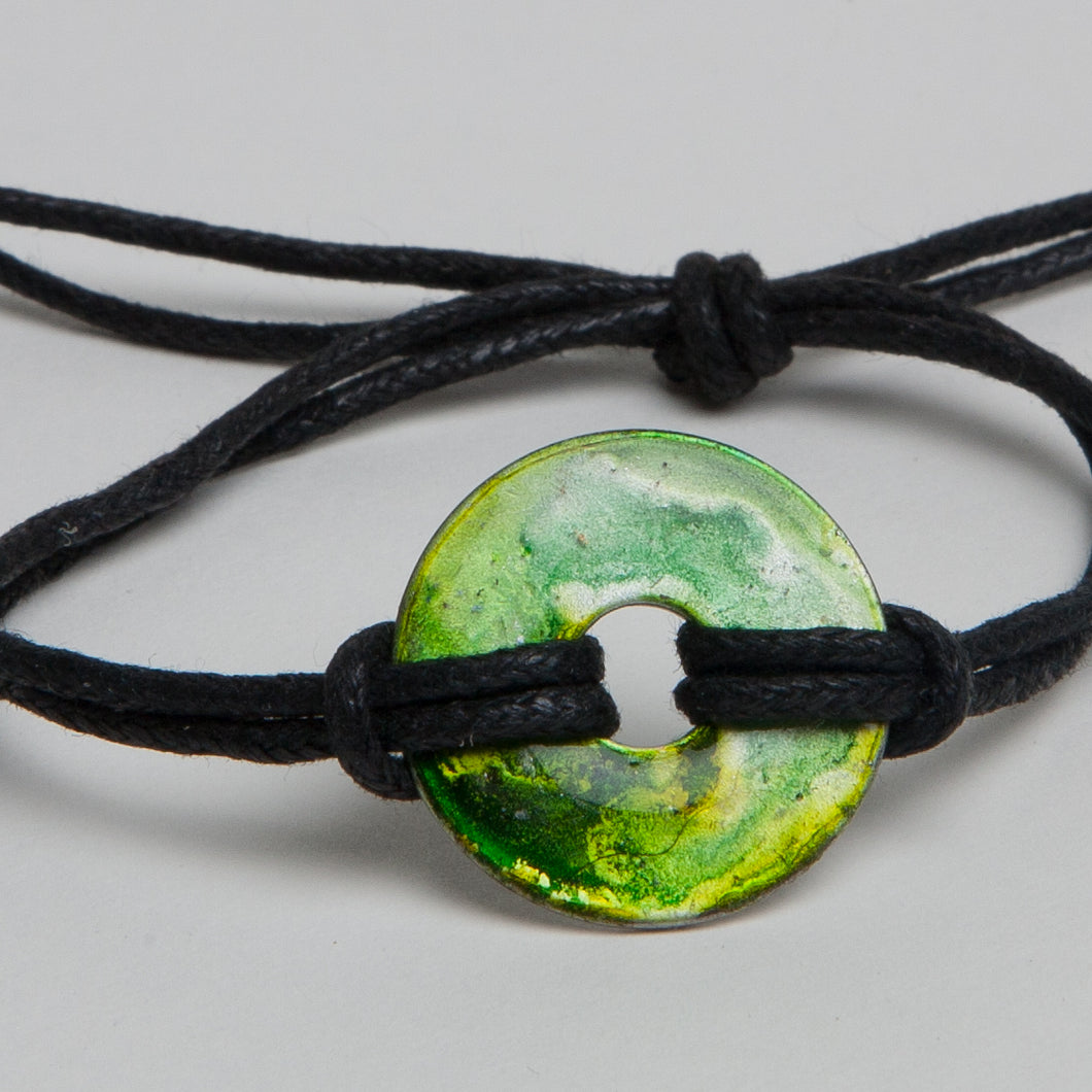 Alcohol Ink Black Cord Bracelet in Green, Black & Sliver