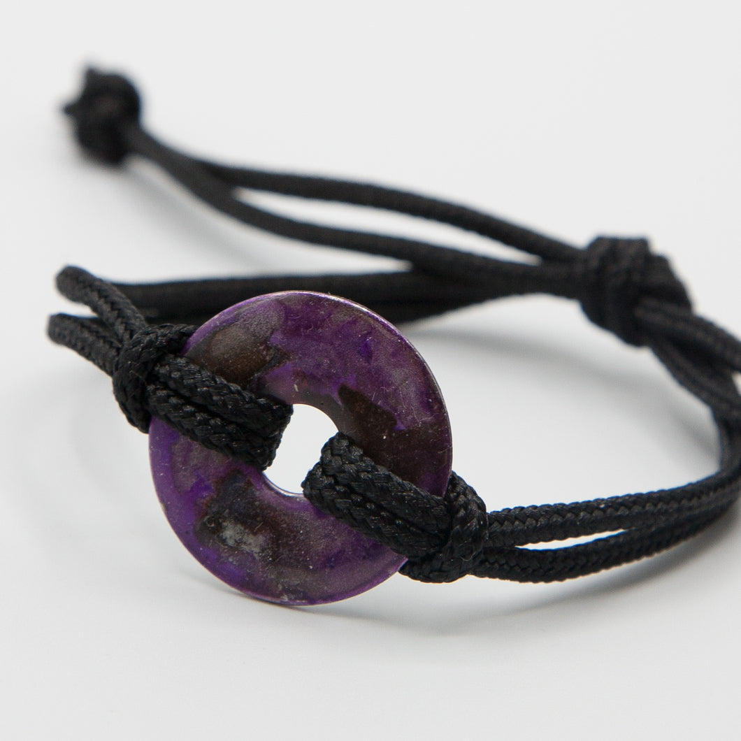 Alcohol Ink Black Nylon Cord Bracelet in Purple, Silver & Black