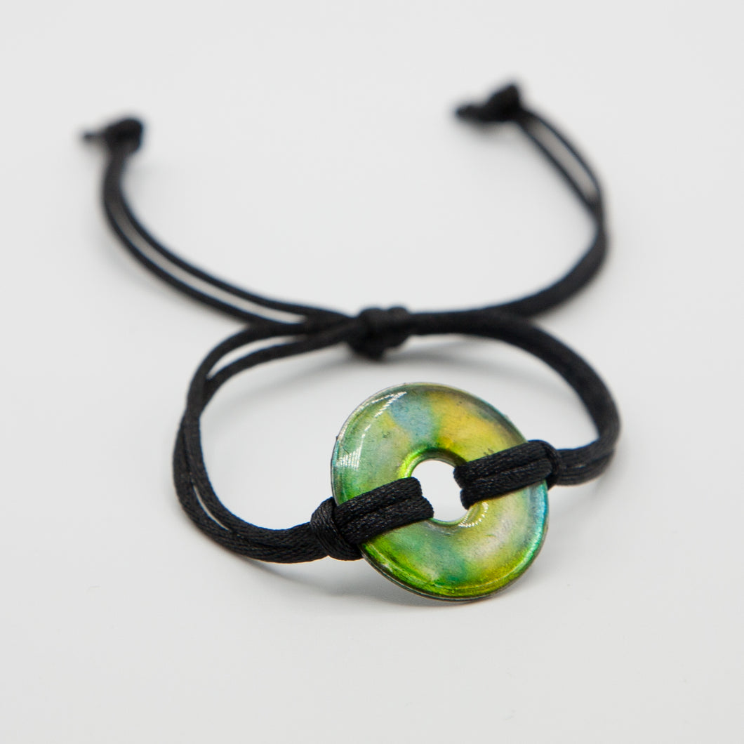 Alcohol Ink Black Nylon Cord Bracelet in Yellow, Teal & Lime Green