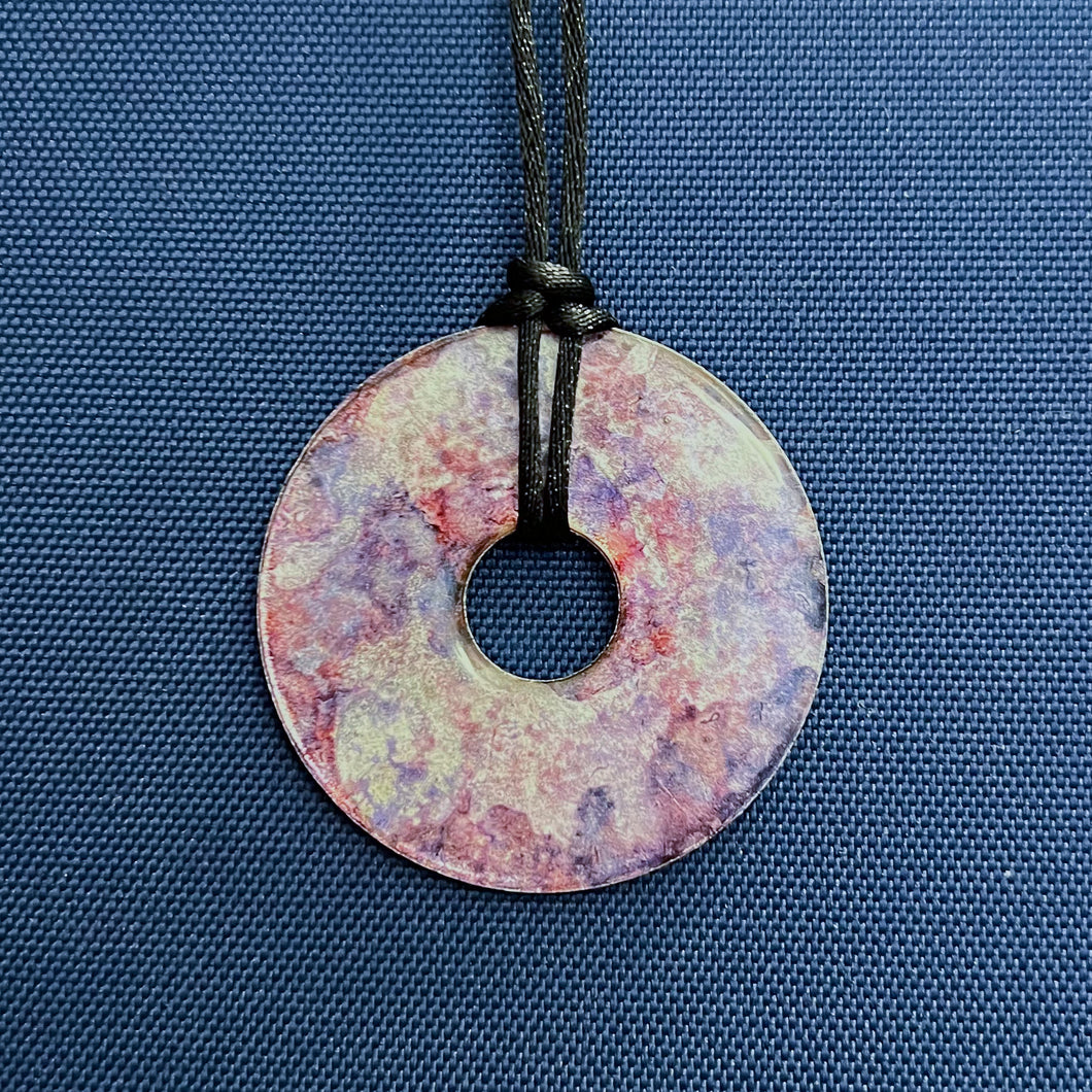 Adjustable Alcohol Ink Pendant Necklace in Purple, red, silver & white. Other side teal, lime green & orange
