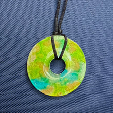 Load image into Gallery viewer, Adjustable Alcohol Ink Pendant Necklace in Purple, red, silver &amp; white. Other side teal, lime green &amp; orange
