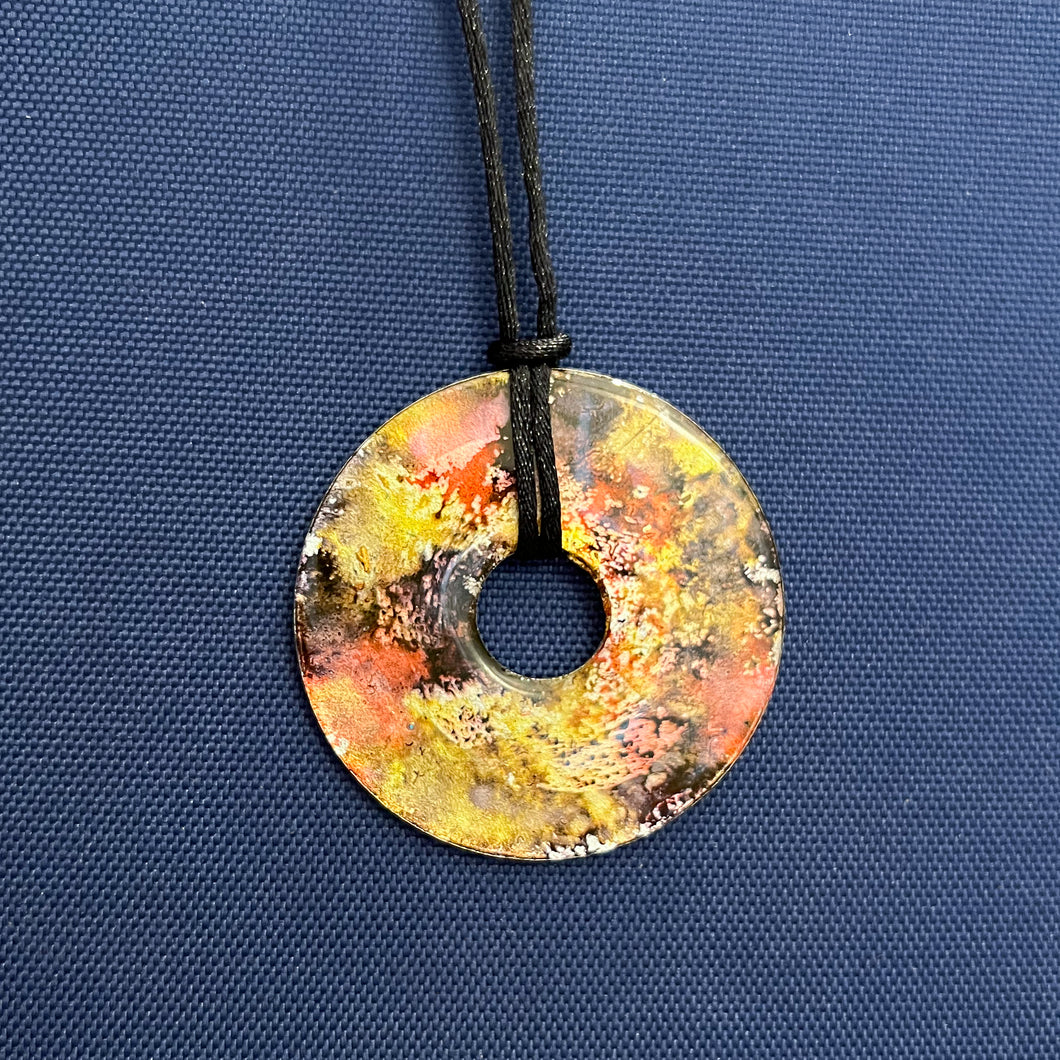 Adjustable Alcohol Ink Pendant Necklace in brown, yellow & orange. Other side yellow, red, pink & orange