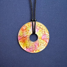 Load image into Gallery viewer, Adjustable Alcohol Ink Pendant Necklace in brown, yellow &amp; orange. Other side yellow, red, pink &amp; orange
