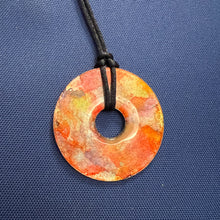 Load image into Gallery viewer, Adjustable Alcohol Ink Pendant Necklace in orange, yellow, gold, brown &amp; red. Other side pink, teal, orange &amp; silver
