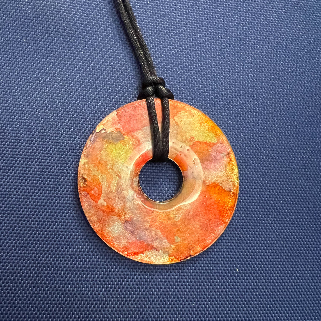 Adjustable Alcohol Ink Pendant Necklace in orange, yellow, gold, brown & red. Other side pink, teal, orange & silver