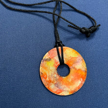 Load image into Gallery viewer, Adjustable Alcohol Ink Pendant Necklace in orange, yellow, gold, brown &amp; red. Other side pink, teal, orange &amp; silver
