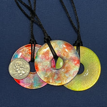 Load image into Gallery viewer, Adjustable Alcohol Ink Pendant Necklace in orange, yellow, gold, brown &amp; red. Other side pink, teal, orange &amp; silver
