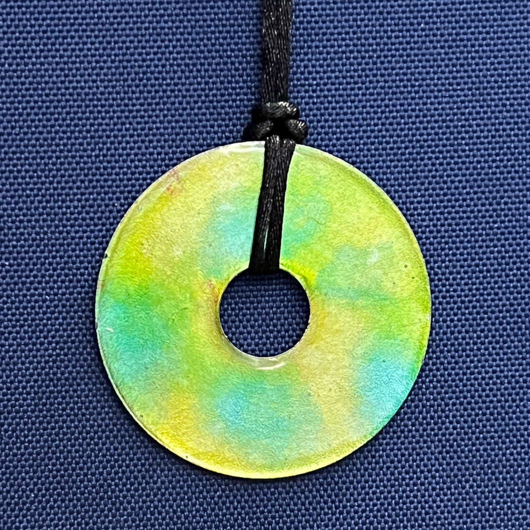Adjustable Alcohol Ink Pendant Necklace in lime green, yellow & light blue. Other side red & pink