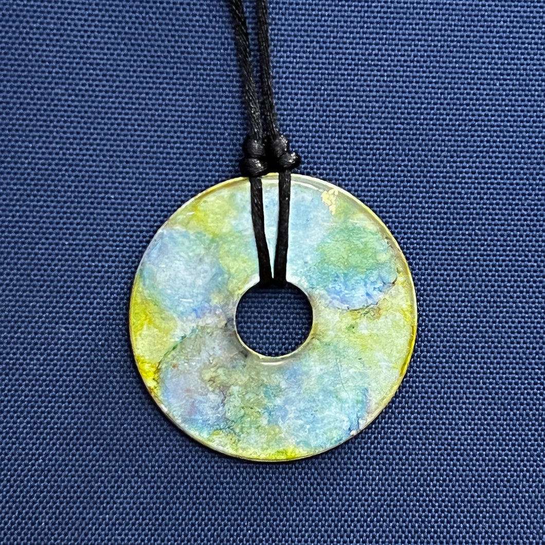 Adjustable Alcohol Ink Pendant Necklace in lime green, yellow, gray & light blue. Other side yellow