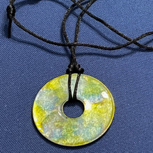 Load image into Gallery viewer, Adjustable Alcohol Ink Pendant Necklace in lime green, yellow, gray &amp; light blue. Other side yellow
