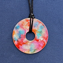 Load image into Gallery viewer, Adjustable Alcohol Ink Pendant Necklace in red, orange, yellow, teal &amp; light blue. Other side purple &amp; blue
