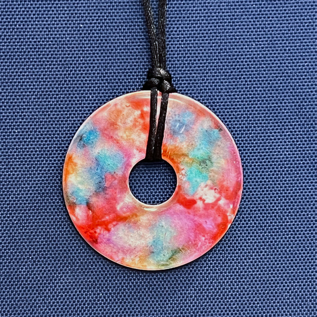 Adjustable Alcohol Ink Pendant Necklace in red, orange, yellow, teal & light blue. Other side purple & blue