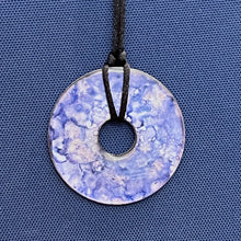 Load image into Gallery viewer, Adjustable Alcohol Ink Pendant Necklace in red, orange, yellow, teal &amp; light blue. Other side purple &amp; blue
